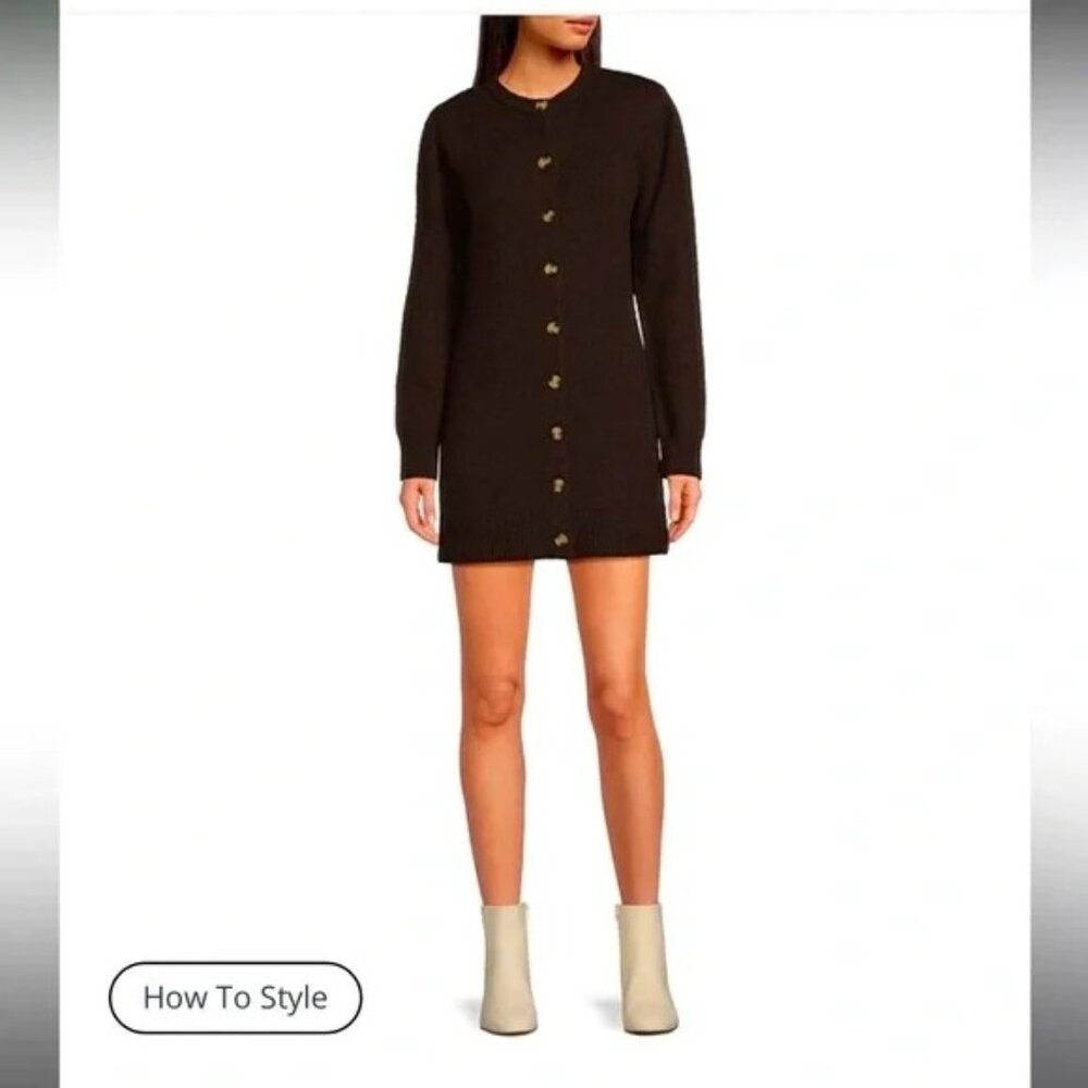 Giani Bini Wool Blend Long Sleeve Button Front Mini Cardigan Dress L Chocolate B
